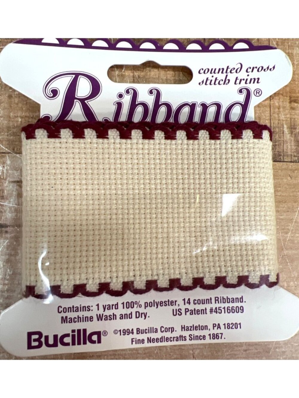 Bucilla Ribbond Counted Cross Stitch Trim 1 Yard 14 Count Burgundy On Ecru